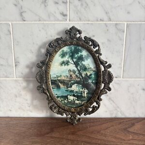 Vintage Italian Brass Framed Print of Seaside Landscape Scene